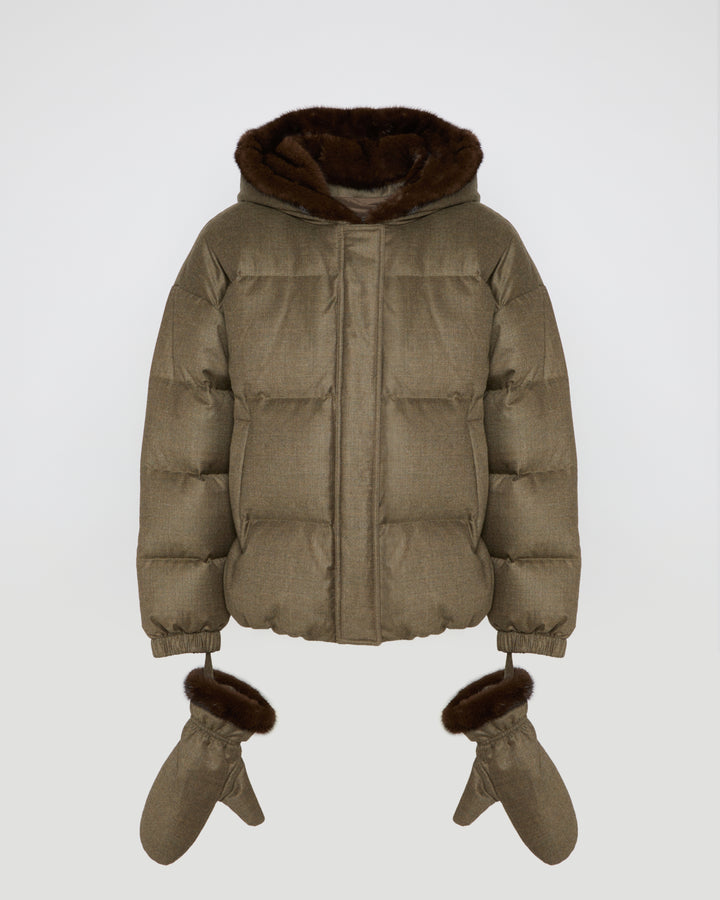 Short hooded down jacket with mink fur inner hood and removable mittens