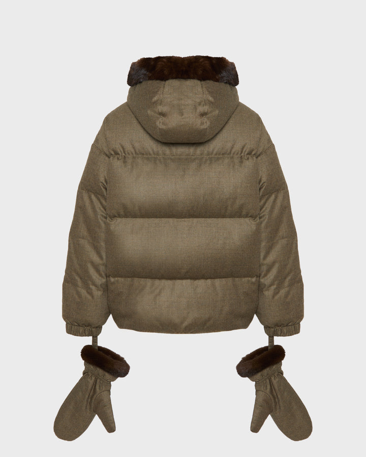 Short hooded down jacket with mink fur inner hood and removable mittens