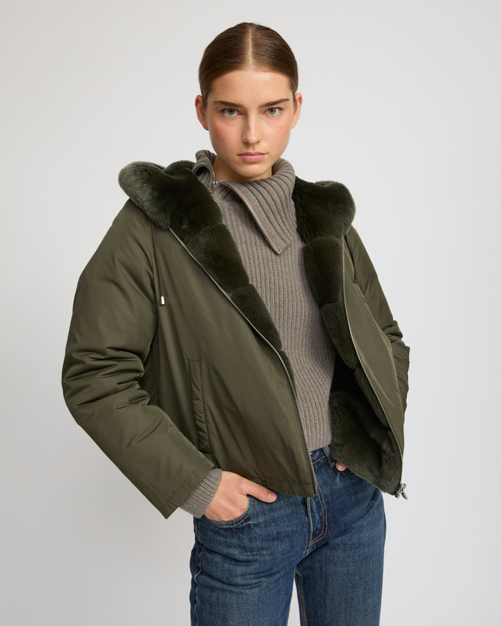 Hooded jacket in technical fabric reversible rex rabbit fur -Yves Salomon