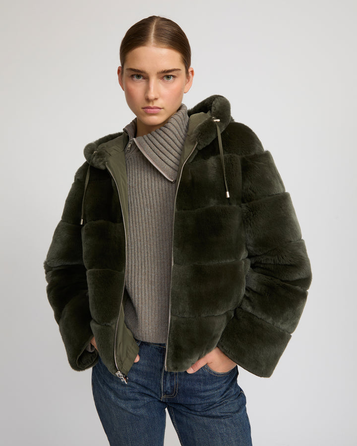 Hooded jacket in technical fabric reversible rex rabbit fur -Yves Salomon