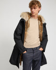 Long Iconic parka in technical cotton with coyote and rabbit fur