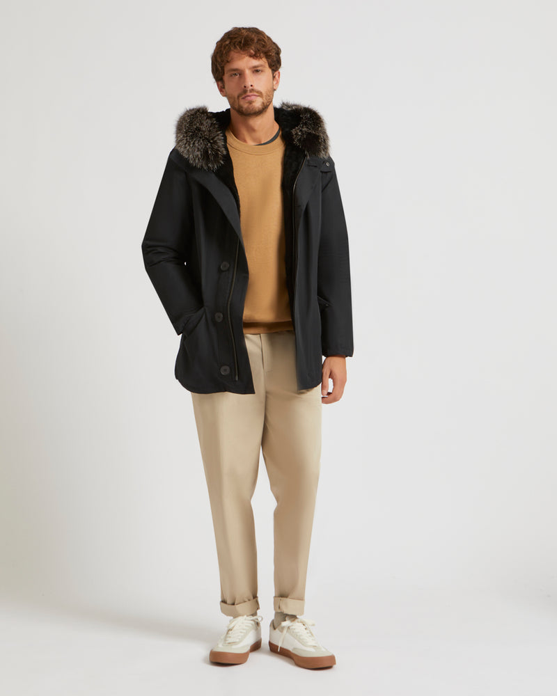 Short Iconic Parka In Cotton Blend And Fur - black - Yves Salomon