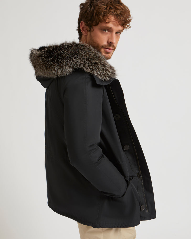 Short Iconic Parka In Cotton Blend And Fur - black - Yves Salomon