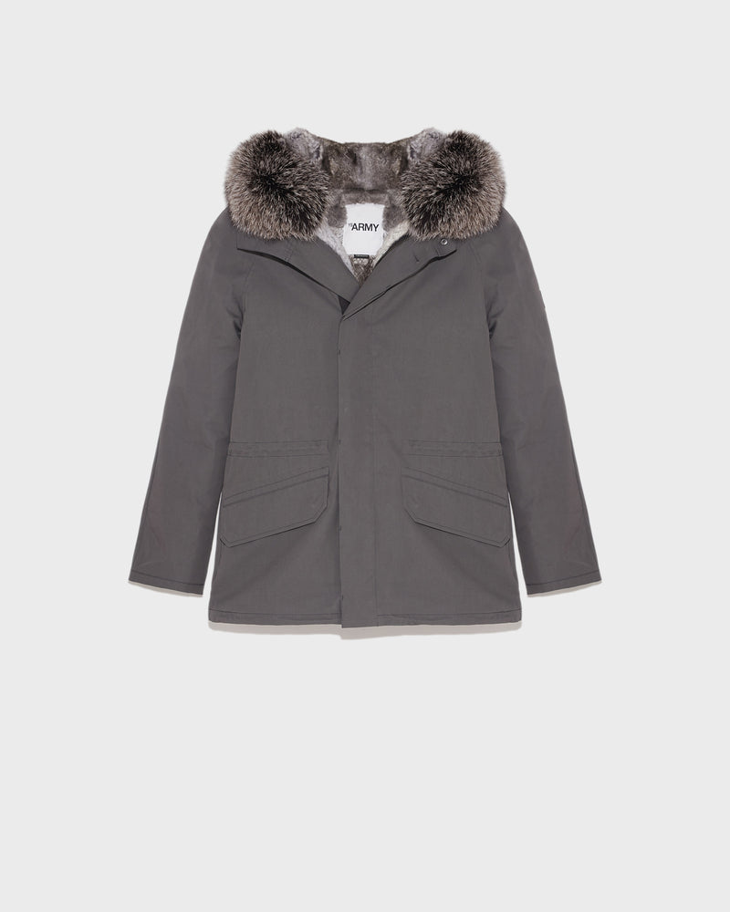 Short Iconic Parka In Cotton Blend And Fur - grey - Yves Salomon