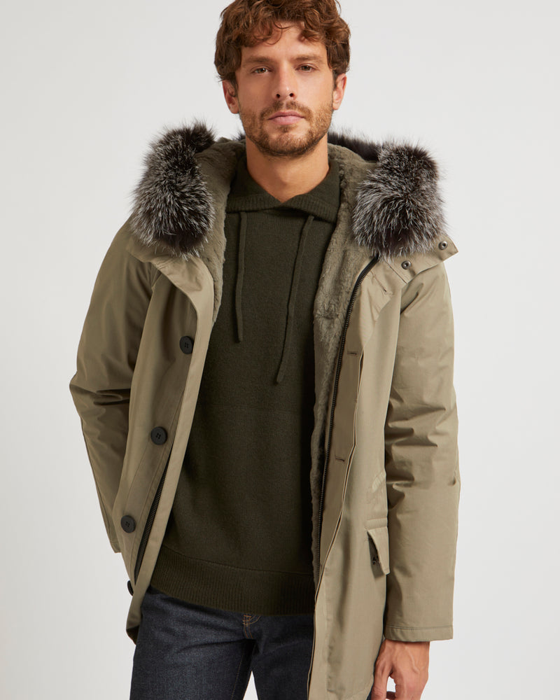 Short Iconic Parka In Cotton Blend And Fur - khaki - Yves Salomon