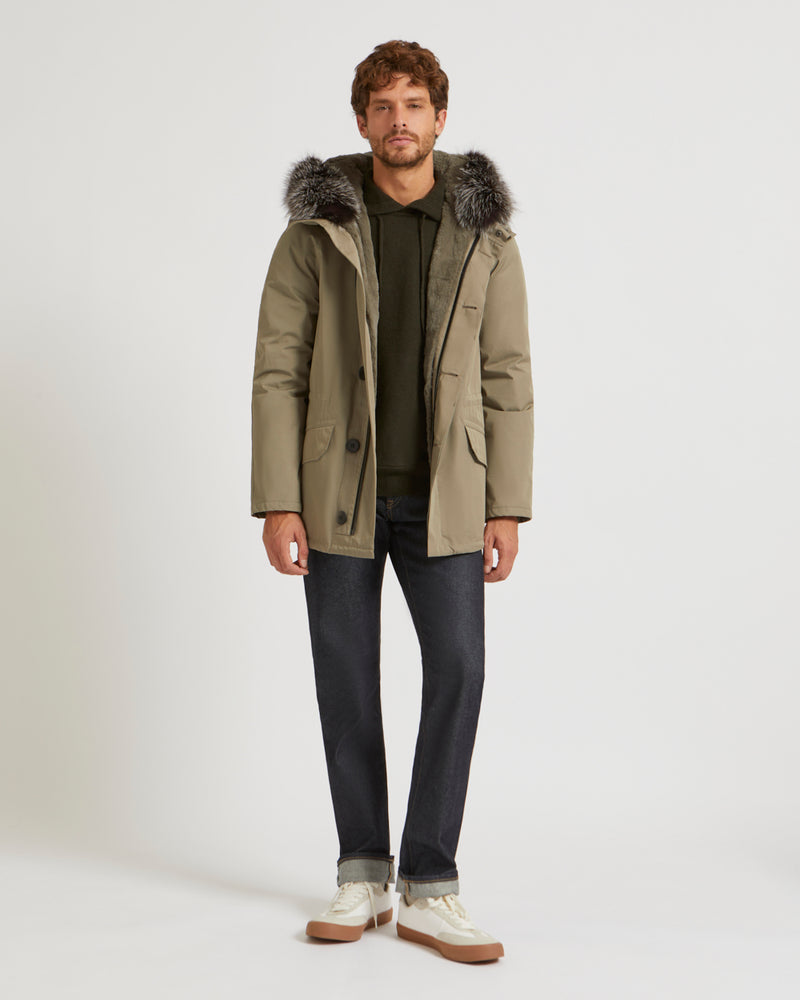 Short Iconic Parka In Cotton Blend And Fur - khaki - Yves Salomon