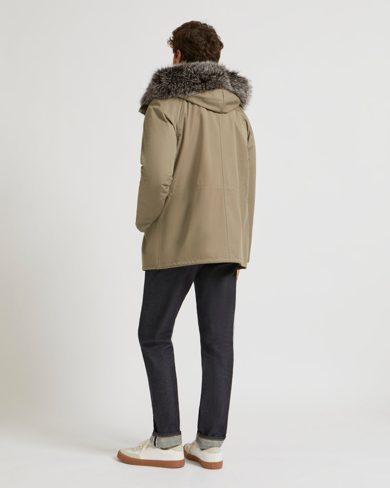 Short Iconic Parka In Cotton Blend And Fur - khaki - Yves Salomon