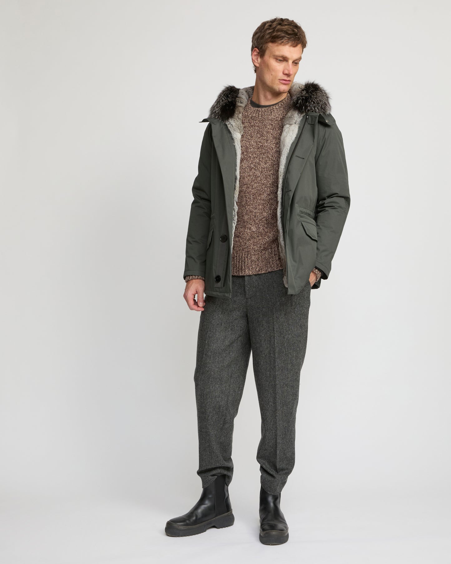 Short Iconic Parka In waterproof Cotton Blend with Fox Fur and Rabbit Fur