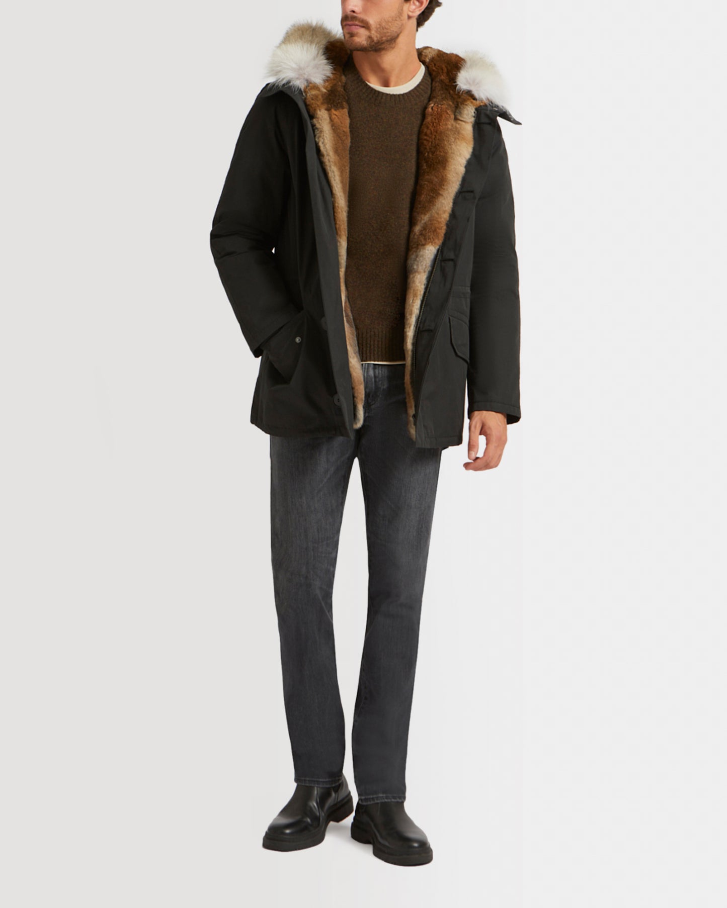Short Iconic parka in technical cotton and coyote and rabbit fur