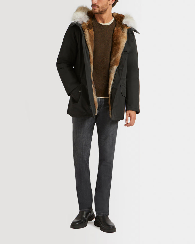 Short Iconic parka in technical cotton and coyote and rabbit fur