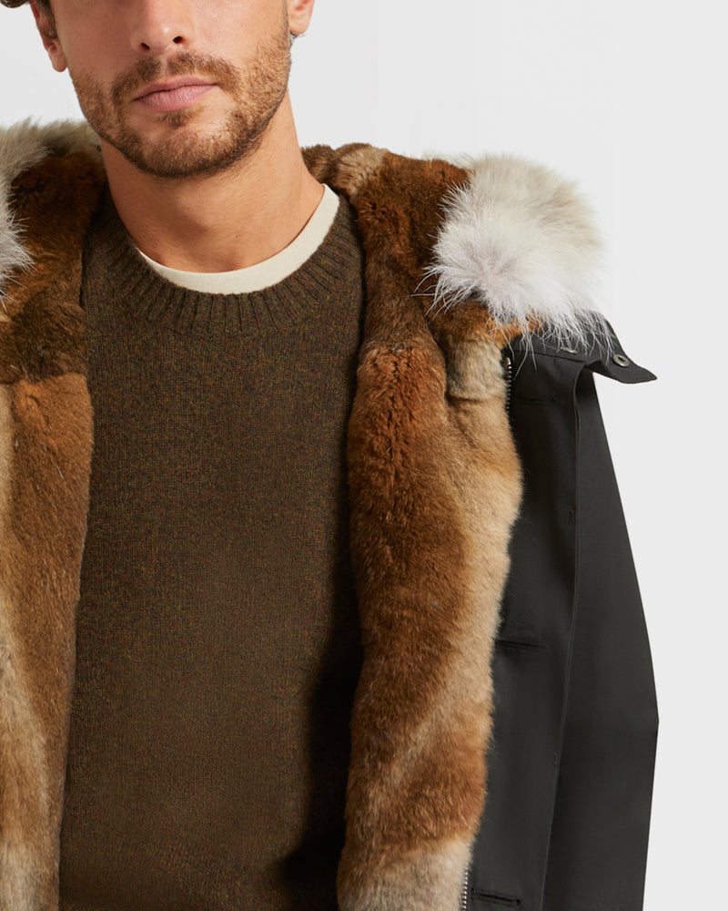 Short Iconic parka in technical cotton and coyote and rabbit fur