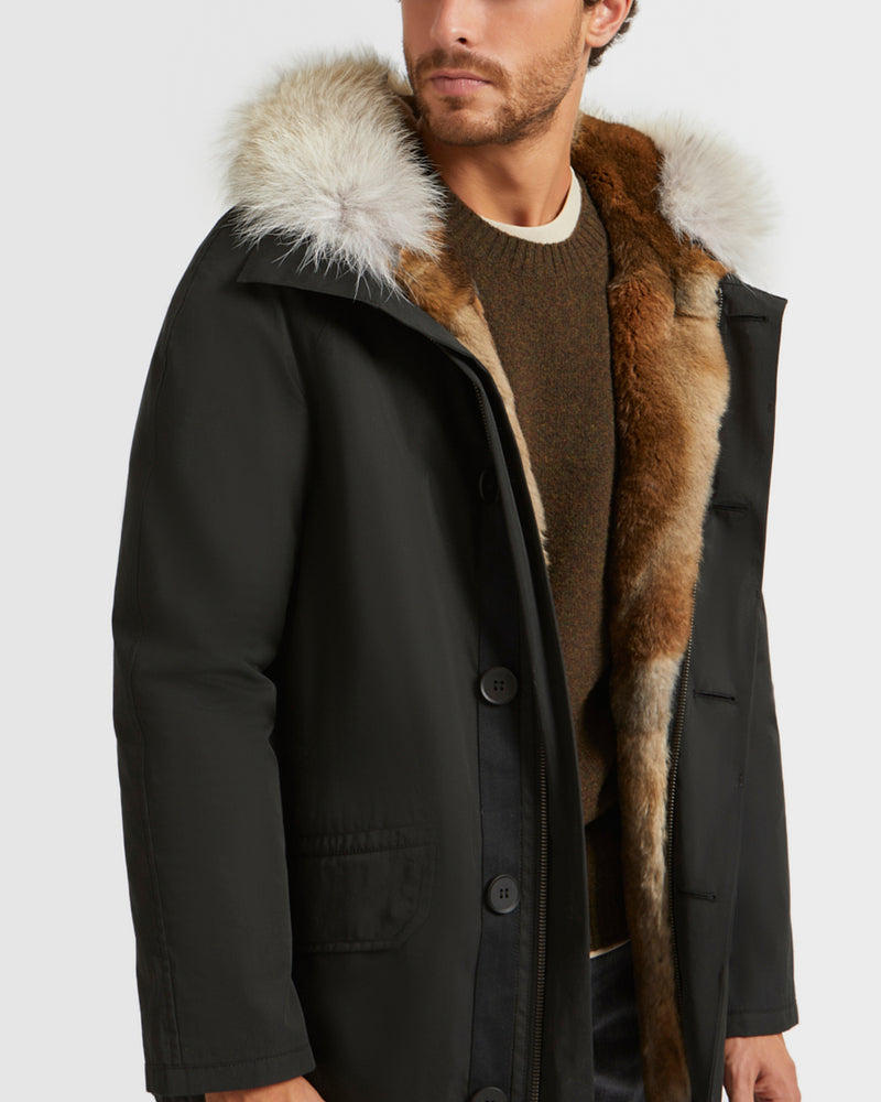 Short Iconic parka in technical cotton and coyote and rabbit fur