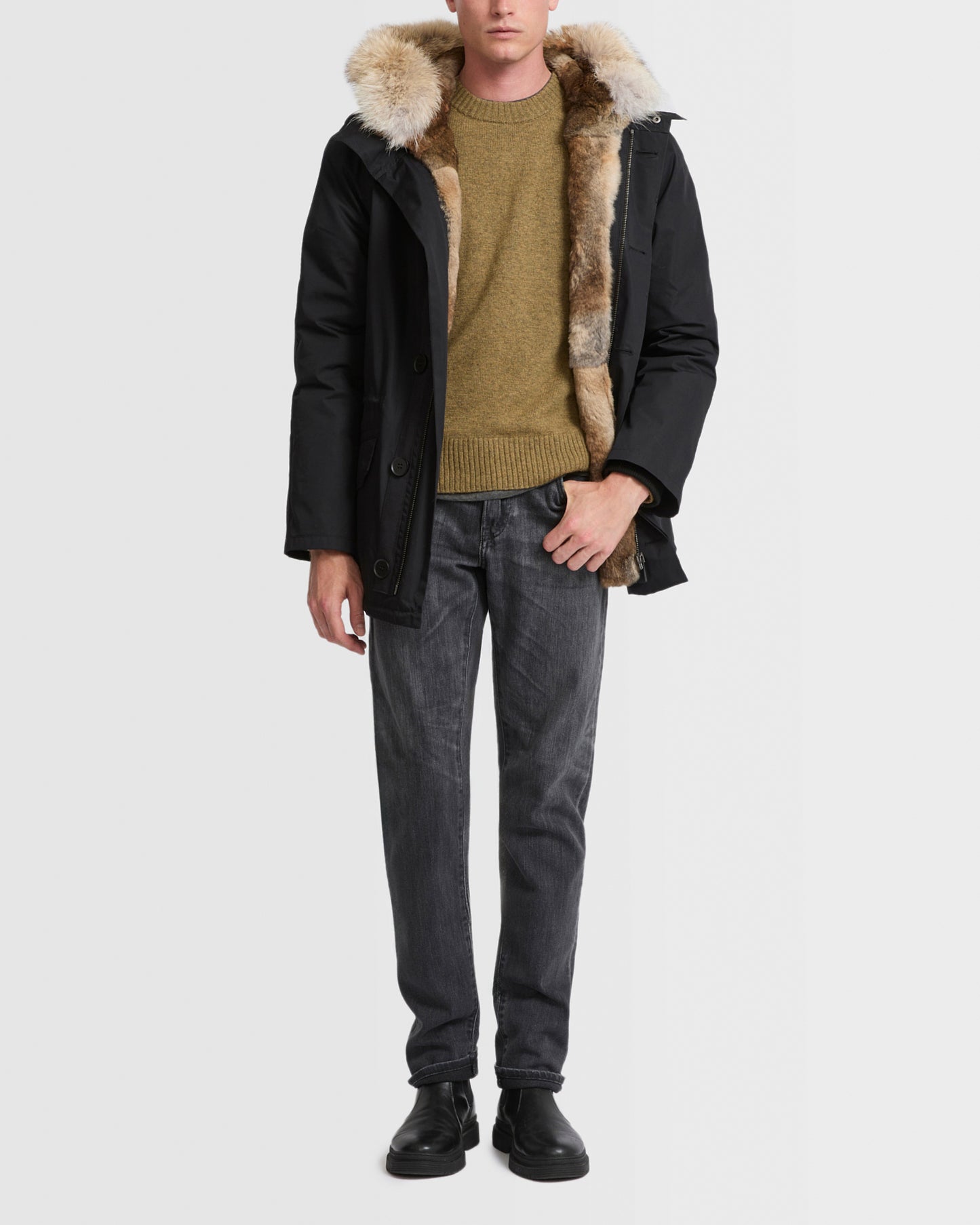Winter sale & boxing day  -Short Iconic parka in technical cotton and coyote and rabbit fur