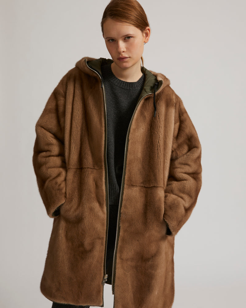 Long reversible coat in mink fur and technical fabric - khaki - Yves Salomon