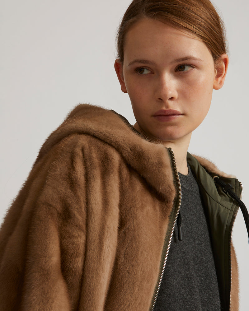 Long reversible coat in mink fur and technical fabric - khaki - Yves Salomon