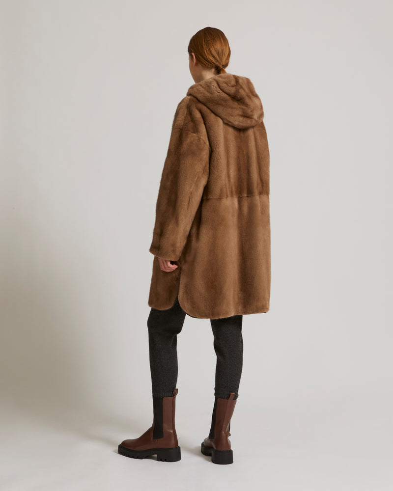 Long reversible coat in mink fur and technical fabric - khaki - Yves Salomon