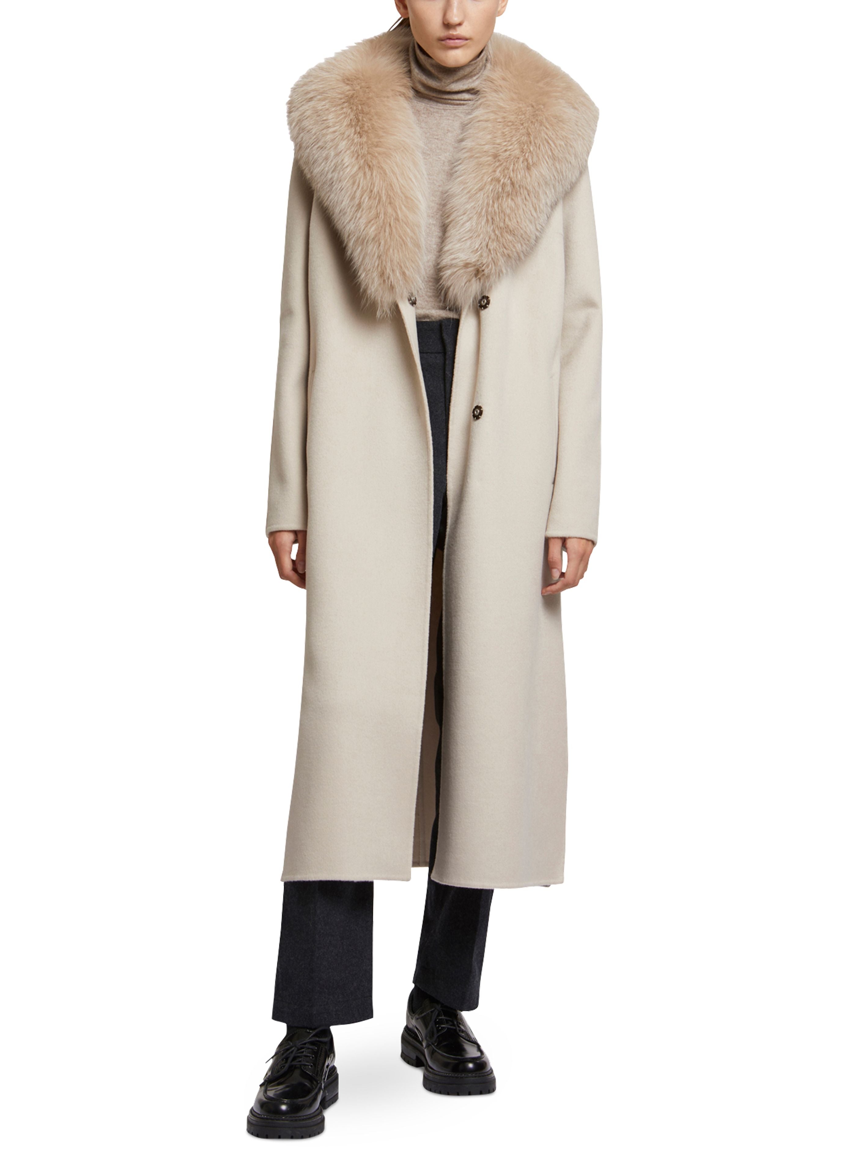 Long cashmere coat with fox fur collar - beige - Yves Salomon