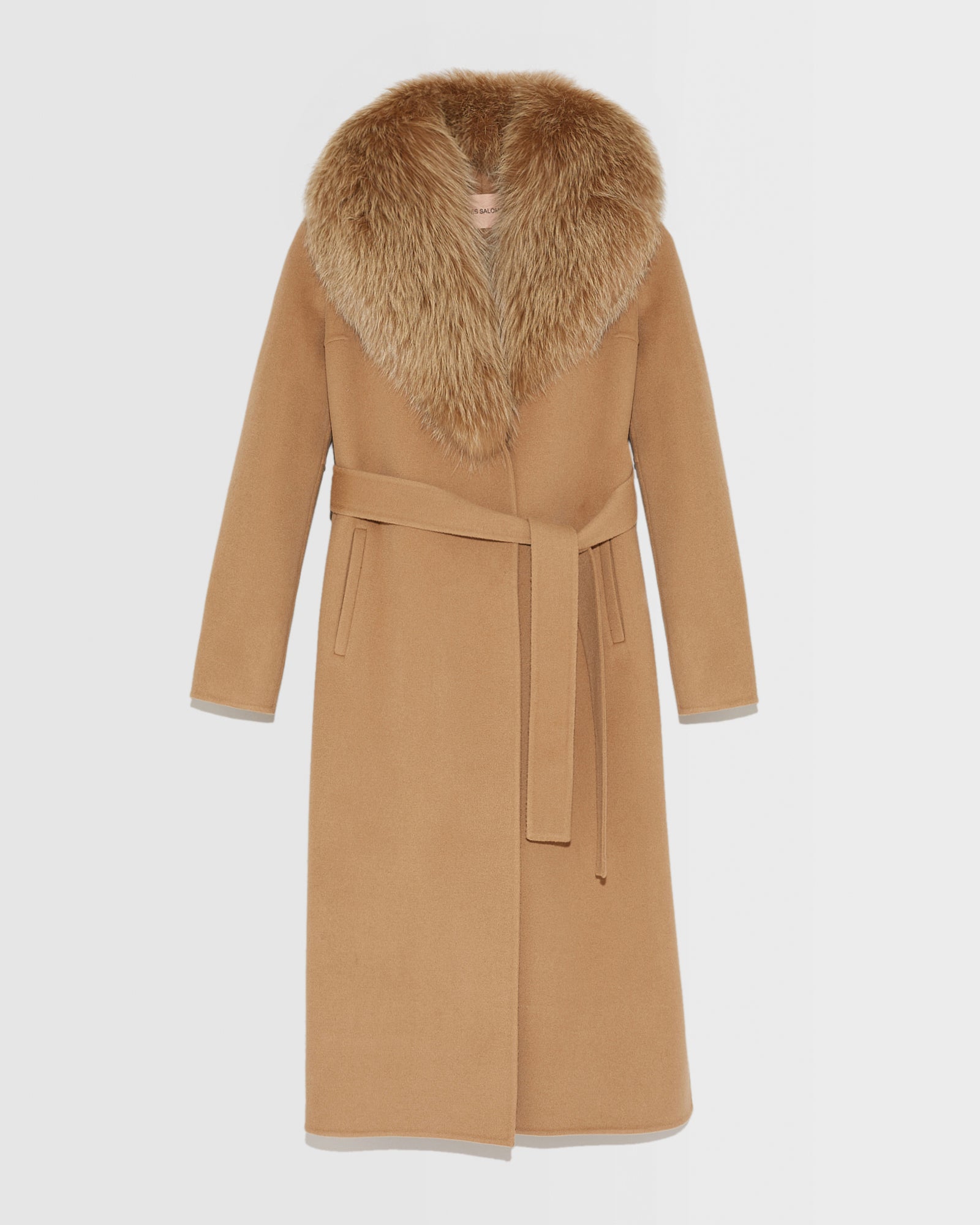 Long cashmere coat with fox fur collar - camel - Yves Salomon