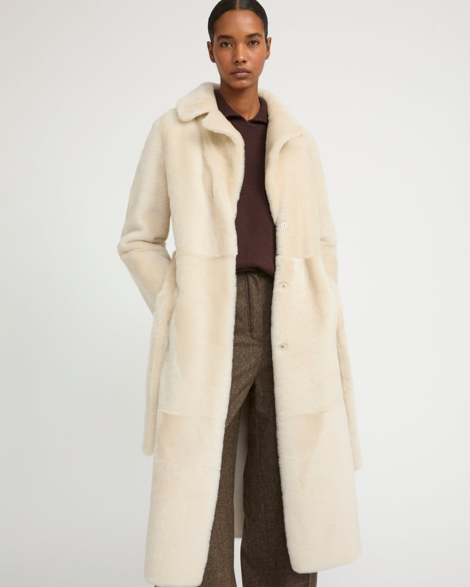 Long reversible belted shearling coat -Yves Salomon