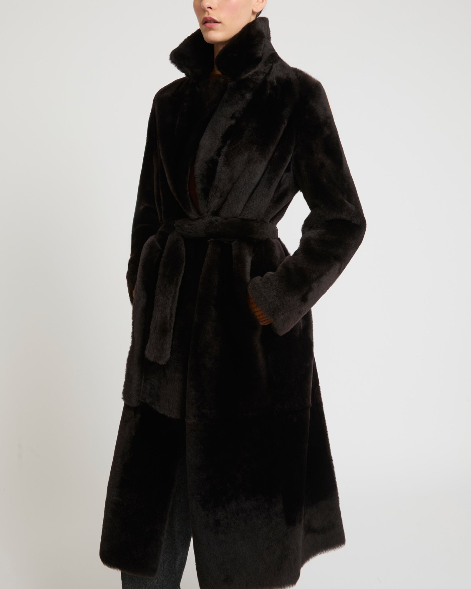 Long reversible belted shearling coat -Yves Salomon