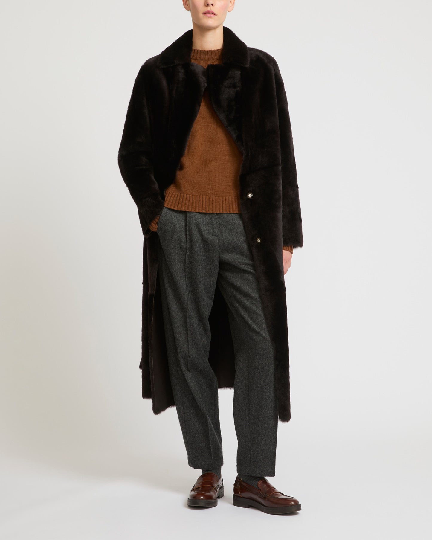 Long reversible belted shearling coat -Yves Salomon