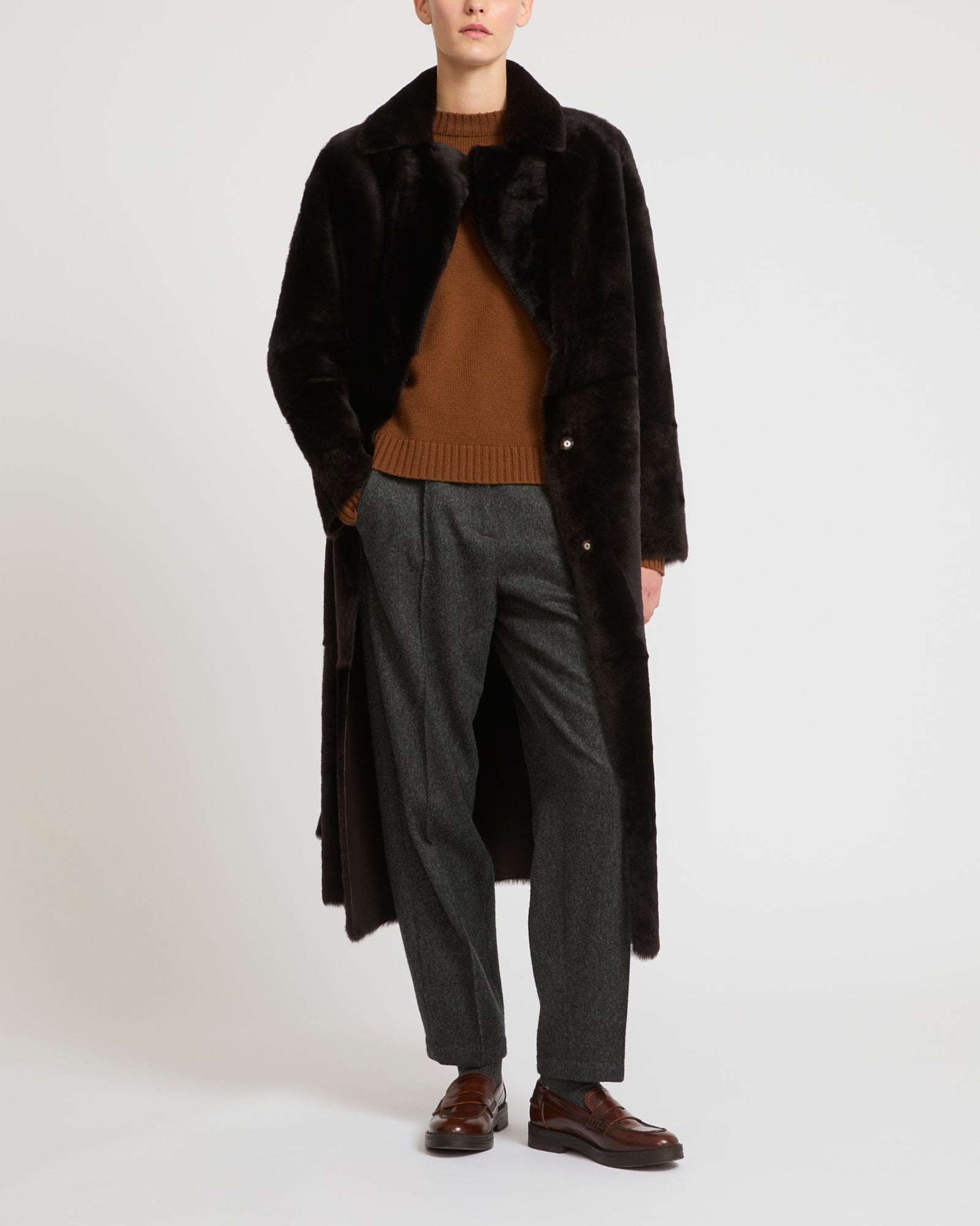 Long reversible belted shearling coat -Yves Salomon