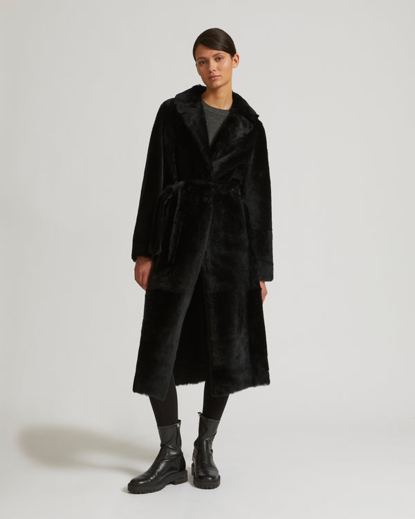 Long reversible belted shearling coat - bluish black - Yves Salomon