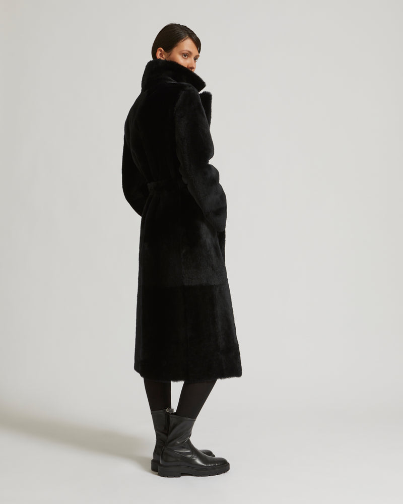 Long reversible belted shearling coat - bluish black - Yves Salomon