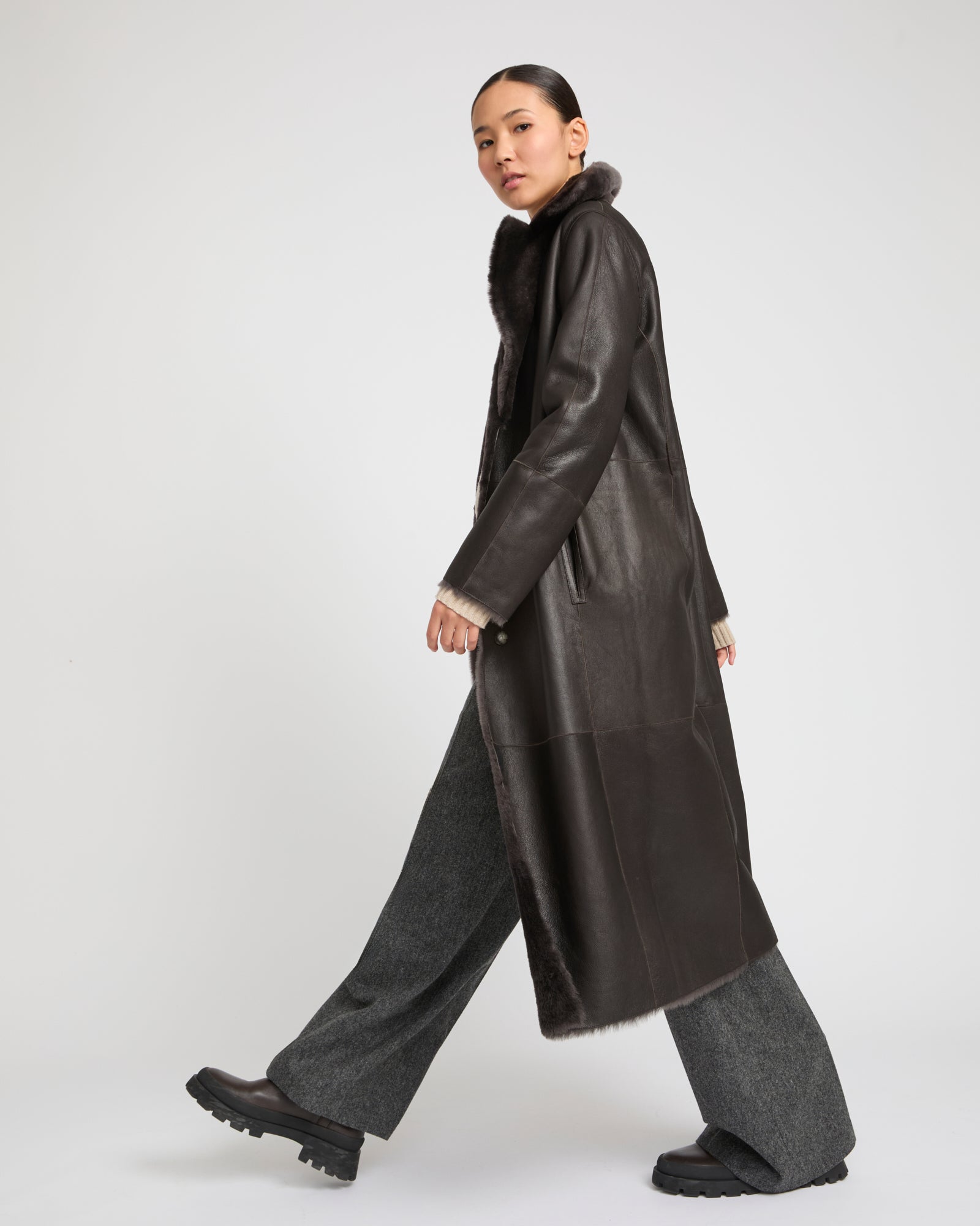 Long reversible belted shearling coat -Yves Salomon