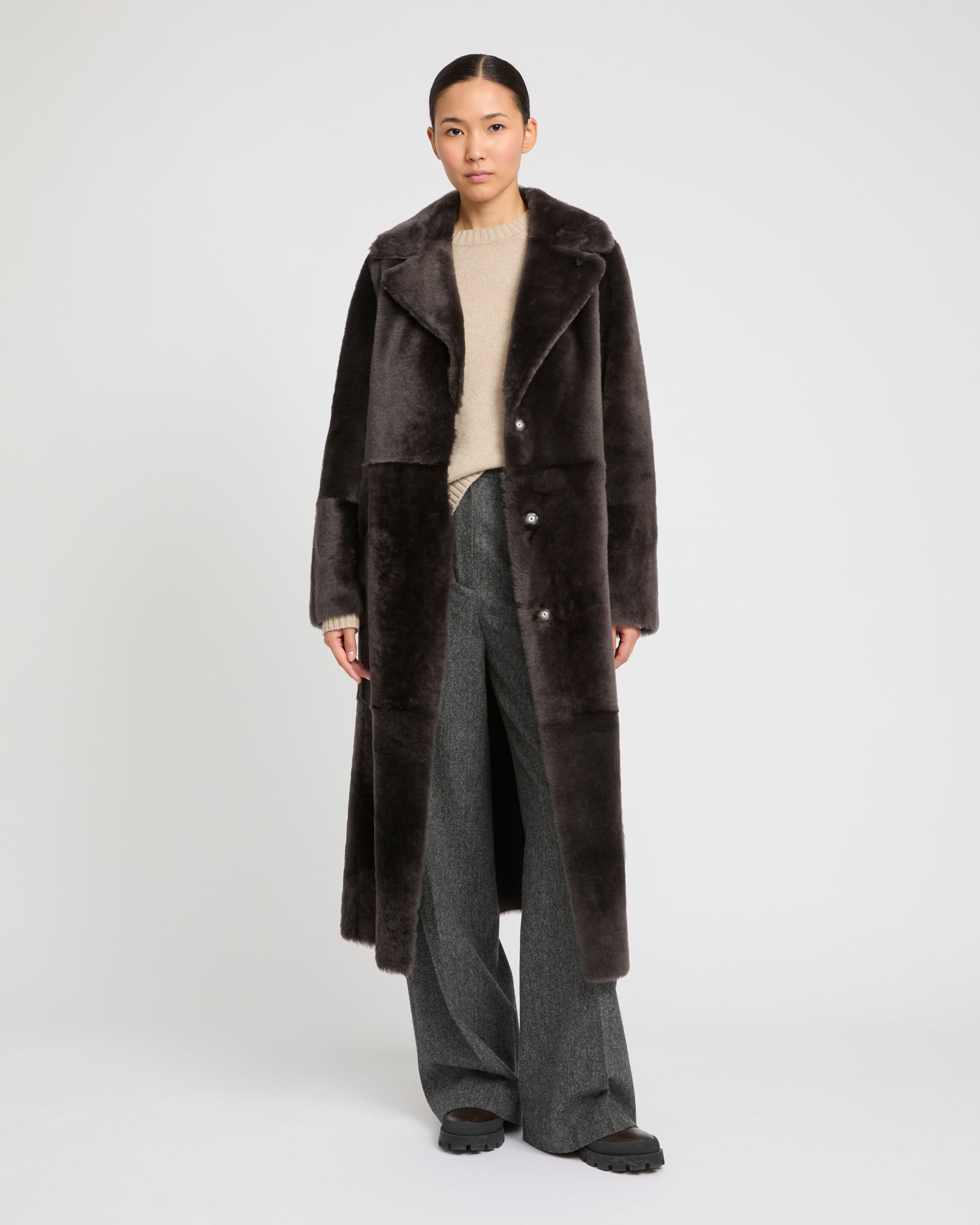 Long reversible belted shearling coat -Yves Salomon