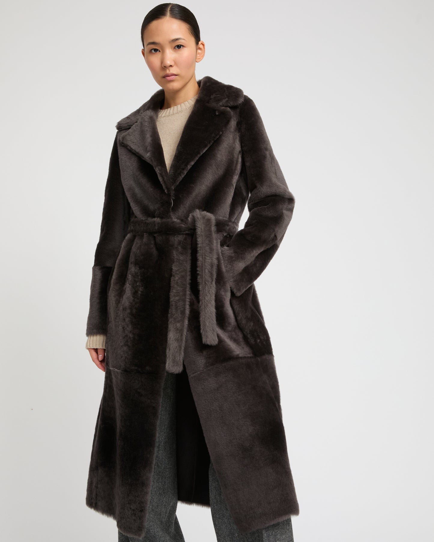 Long reversible belted shearling coat -Yves Salomon