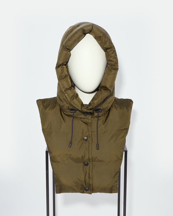 Padded hood bib in water-repellent technical fabric