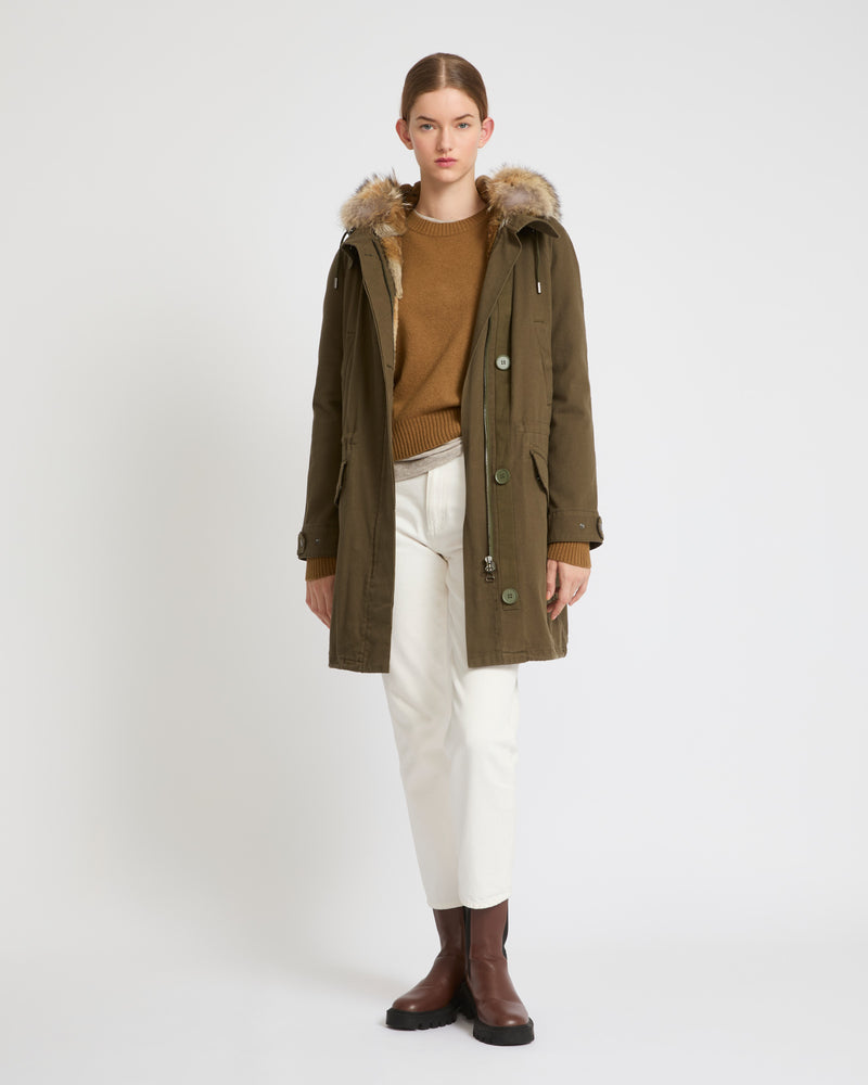 Long cotton gabardine parka with coyote and rabbit fur - khaki - Yves Salomon