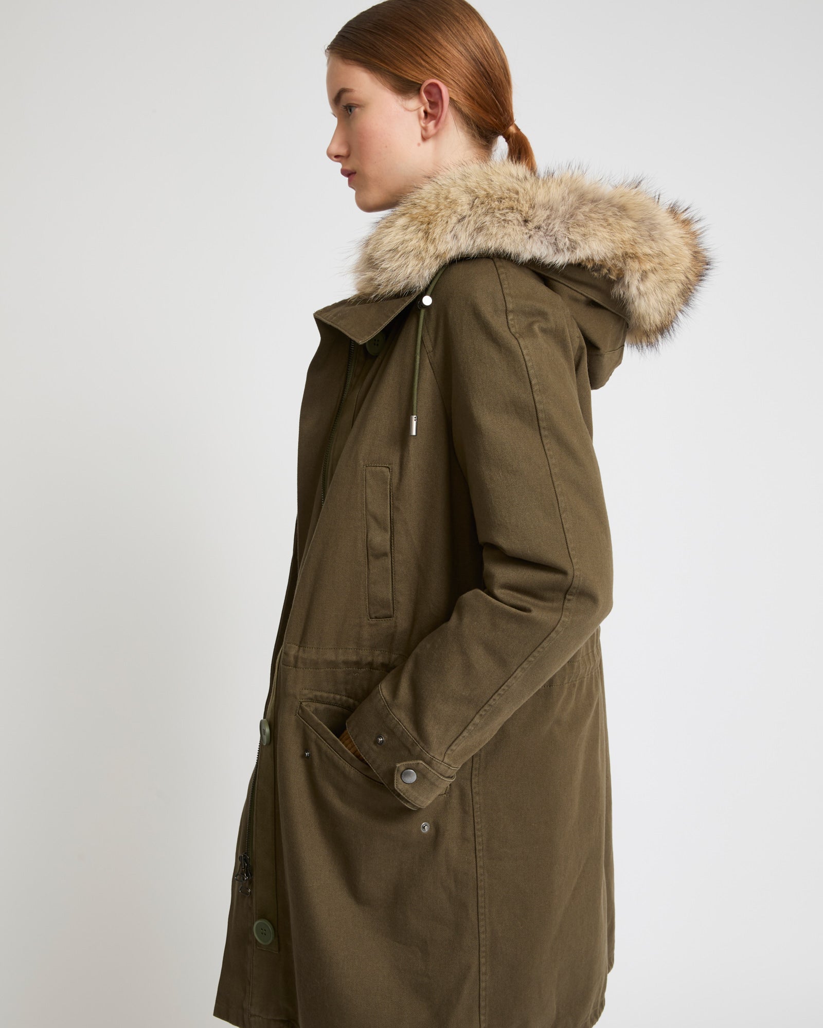 Long cotton gabardine parka with coyote and rabbit fur - khaki - Yves Salomon