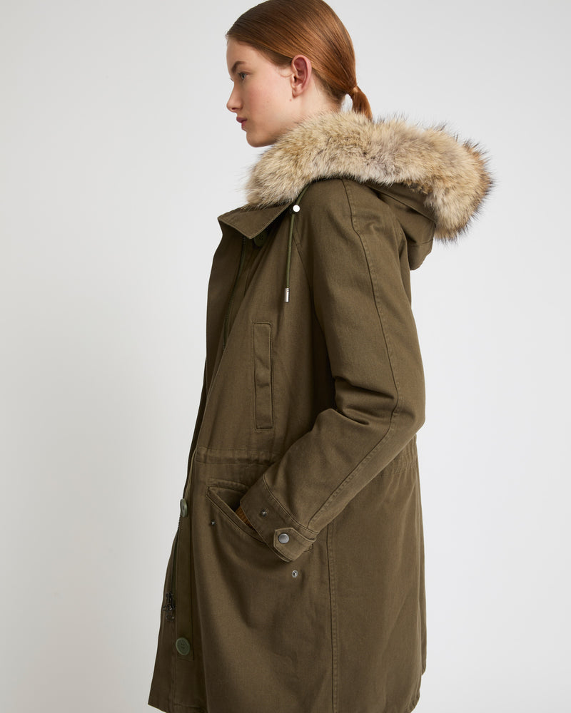 Long cotton gabardine parka with coyote and rabbit fur - khaki - Yves Salomon
