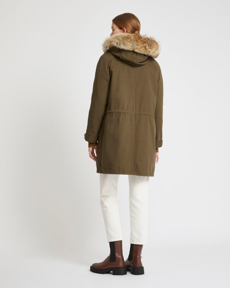 Long cotton gabardine parka with coyote and rabbit fur - khaki - Yves Salomon