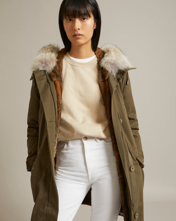 Long cotton gabardine parka with coyote and rabbit fur - khaki - Yves Salomon