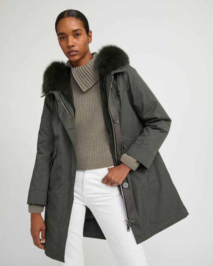 Long Iconic parka in waterproof cotton blend with fox and rabbit fur