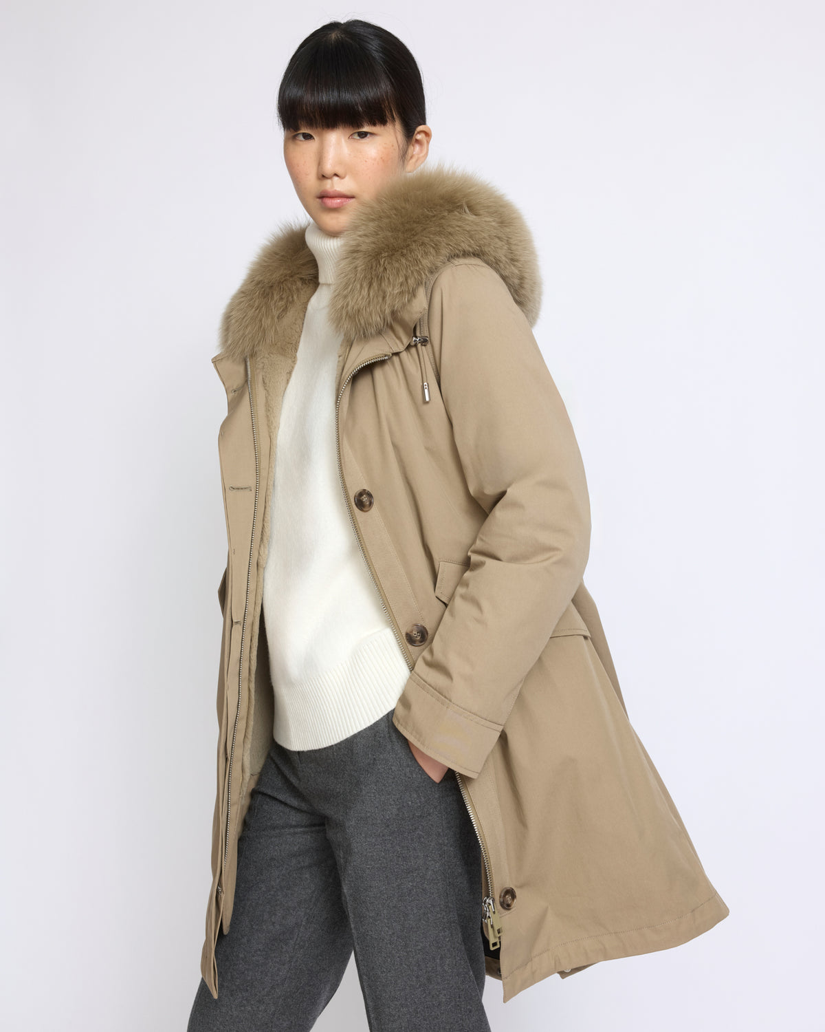 Long Iconic parka in waterproof cotton blend with fox and rabbit fur - Yves Salomon - New Fall/Winter Collection