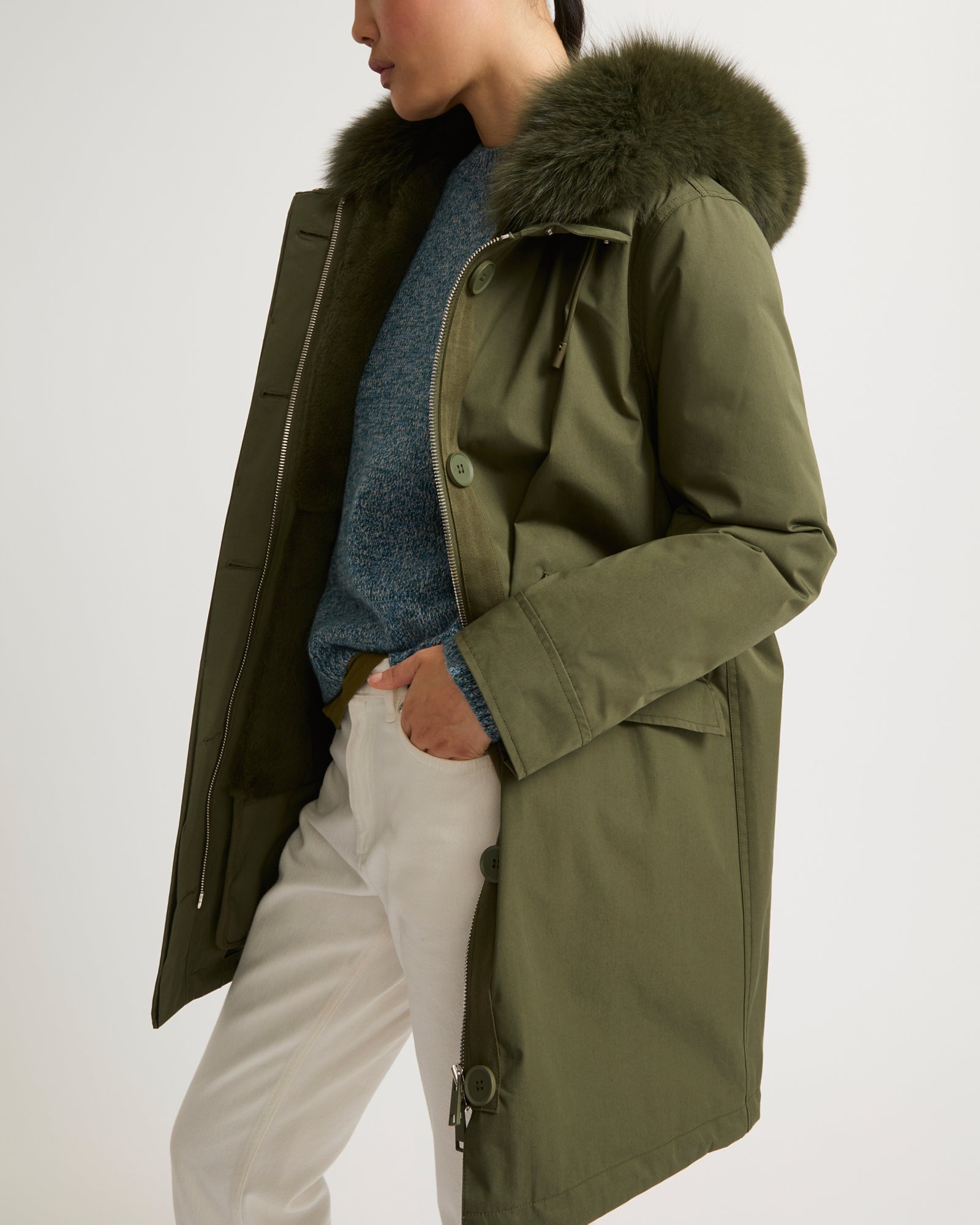 Regular parka in waterproof cotton blend with fox and rabbit fur