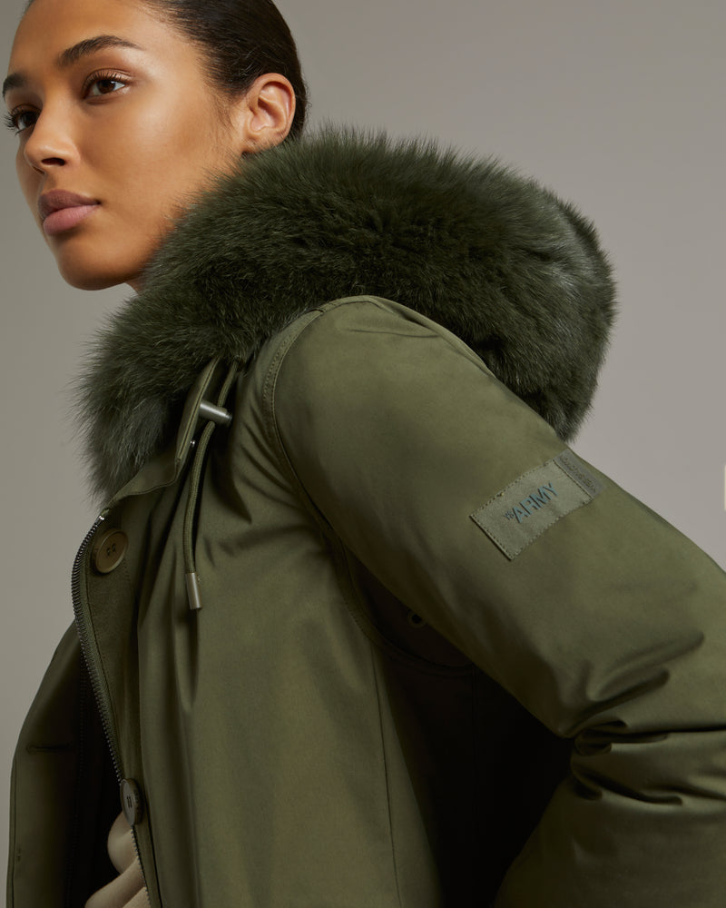 Regular parka in waterproof cotton blend with fox and rabbit fur - khaki - Yves Salomon