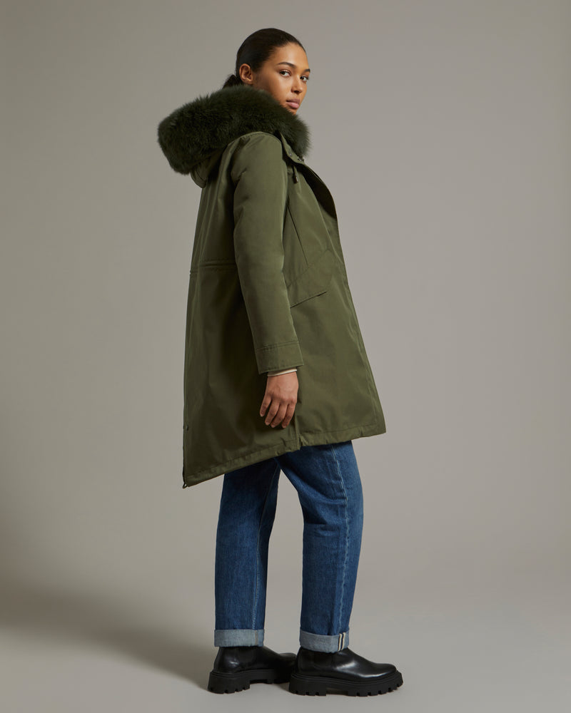 Regular parka in waterproof cotton blend with fox and rabbit fur - khaki - Yves Salomon