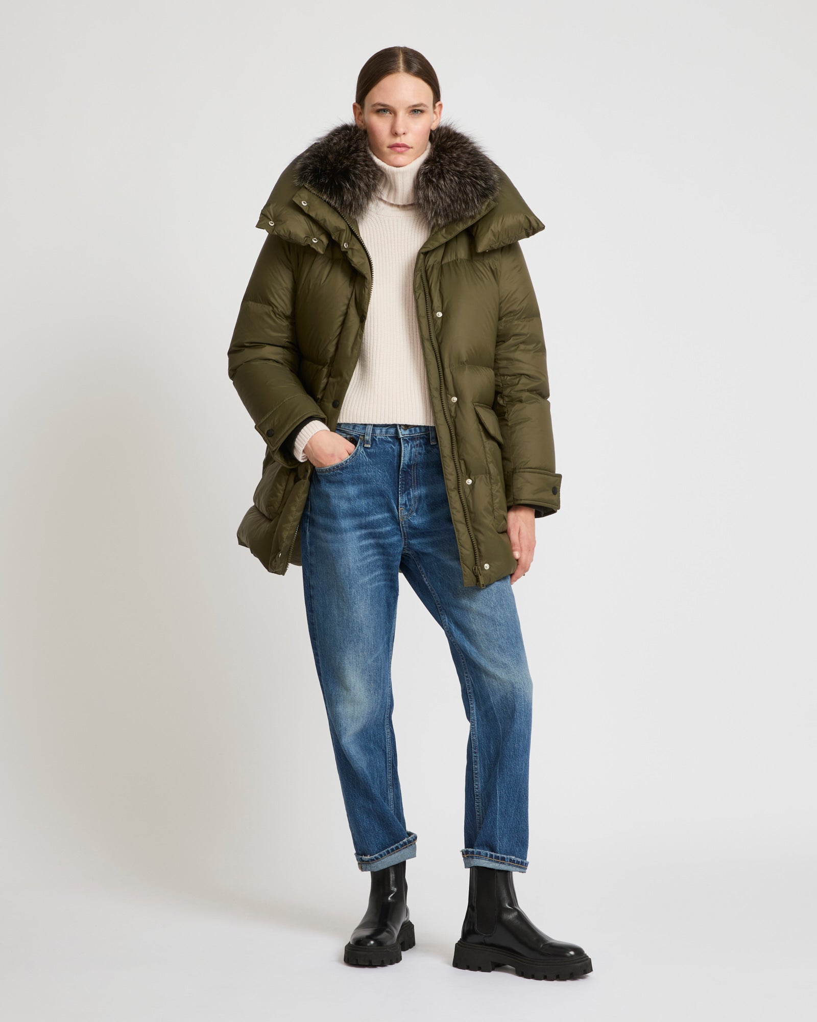 3 4 down jacket with fox fur collar khaki green Yves Salomon Yves Salomon UK