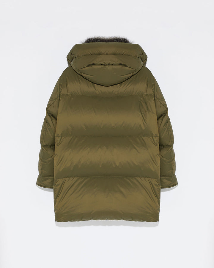 3/4 down jacket in water-repellent technical fabric with fox fur collar trim