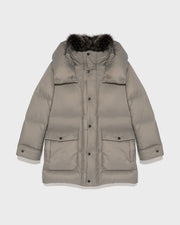 3/4 down jacket in water-repellent technical fabric with fox fur collar trim