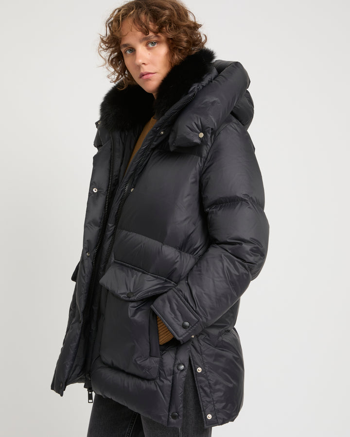 3/4 down jacket in water-repellent technical fabric with fox fur collar trim -Yves Salomon