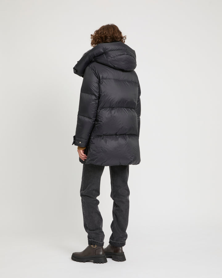 3/4 down jacket in water-repellent technical fabric with fox fur collar trim -Yves Salomon