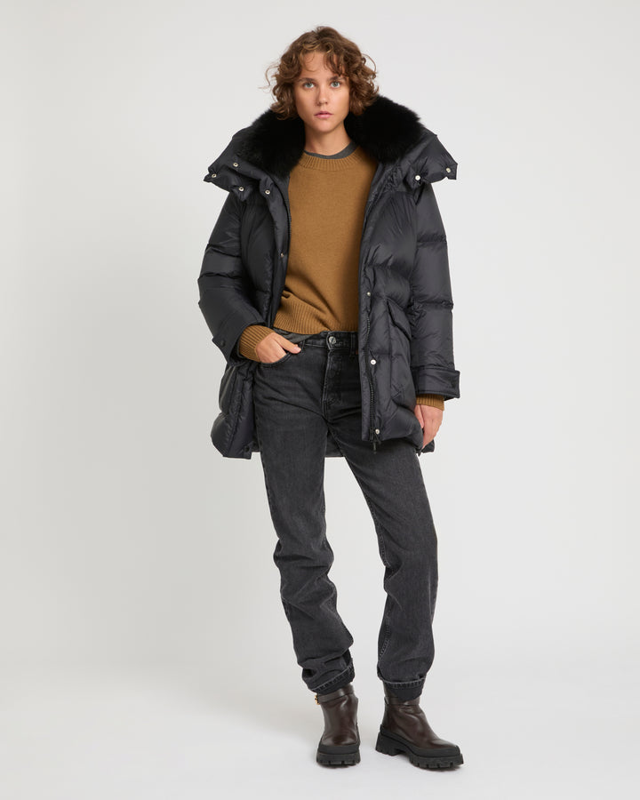 3/4 down jacket in water-repellent technical fabric with fox fur collar trim -Yves Salomon