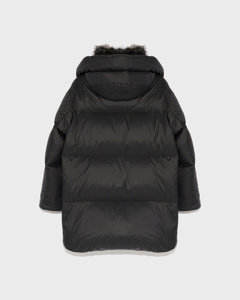 3/4 down jacket in water-repellent technical fabric with fox fur collar trim