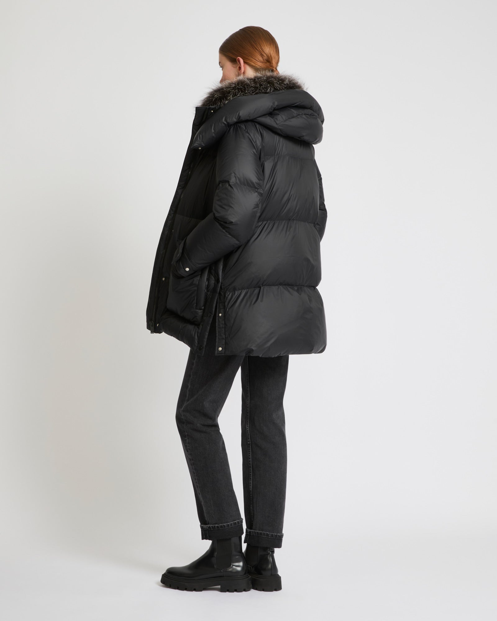3/4 down jacketwith fox fur collar trim - black - Yves Salomon